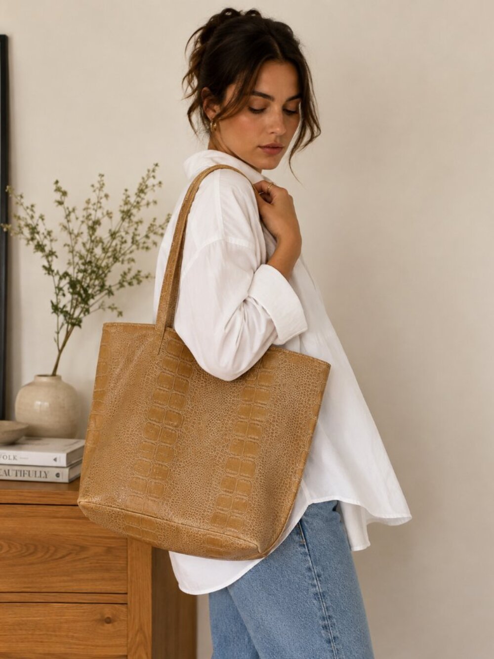 Vintage Gianni Camel Croc Embossed Tote Bag 90s Minimalist Shoulder Bag ✨